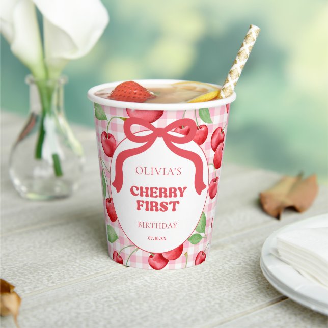 Vasos De Papel Red Coquette Bow Cherry First Birthday Party (in situ)