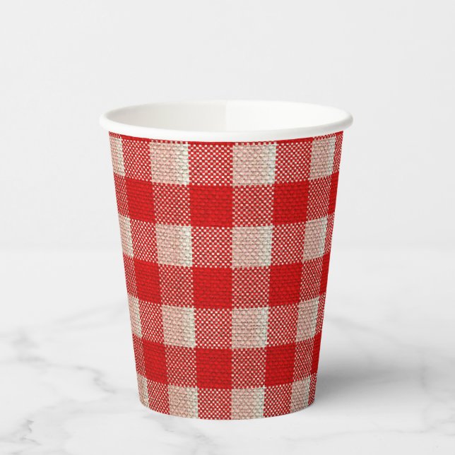 Vasos De Papel Red Gingham Checkered Pattern Burlap Look (Izquierda)