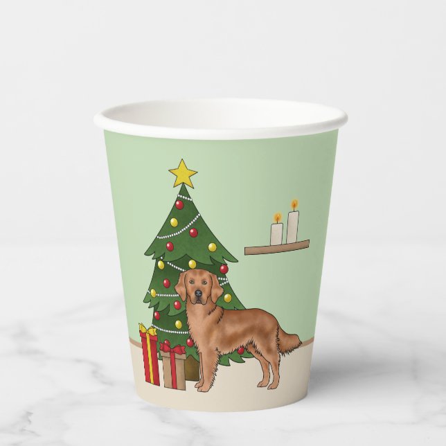 Vasos De Papel Red Golden Retriever with Christmas Tree Green (Anverso)