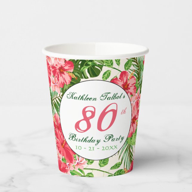 Vasos De Papel Red Hibiscus 80th Birthday Party Paper Cup (Izquierda)