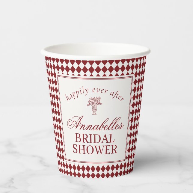 Vasos De Papel Red Merlot Harlequin Checkered Bridal Shower (Anverso)
