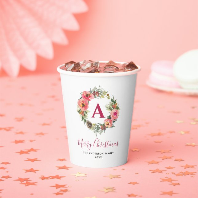 Vasos De Papel Red Monogram Pink Wreath Greenery Christmas Party (in situ)