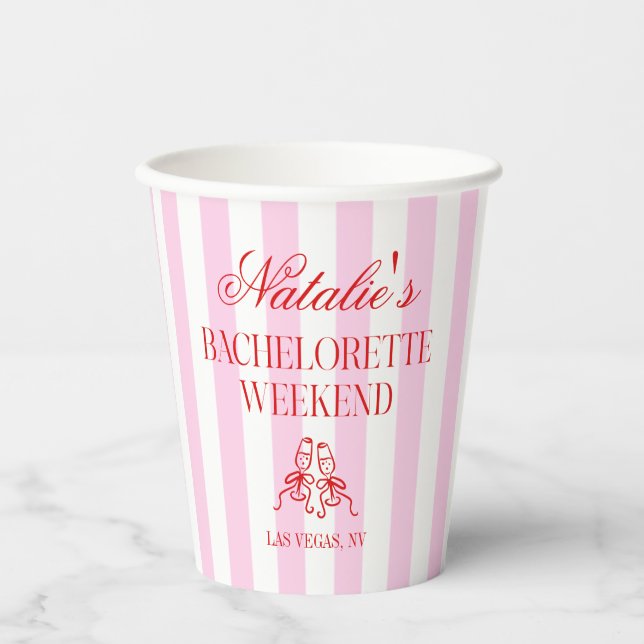 Vasos De Papel Red Pink Stripes Bachelorette Weekend Party (Anverso)