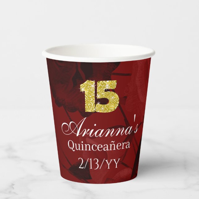 Vasos De Papel Red Roses, Gold 15, Tiara Quinceanera (Anverso)