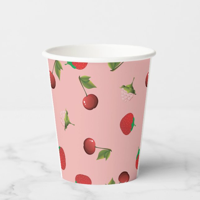 Vasos De Papel Red Strawberry and Cherry Pattern Pink Fruit (Anverso)