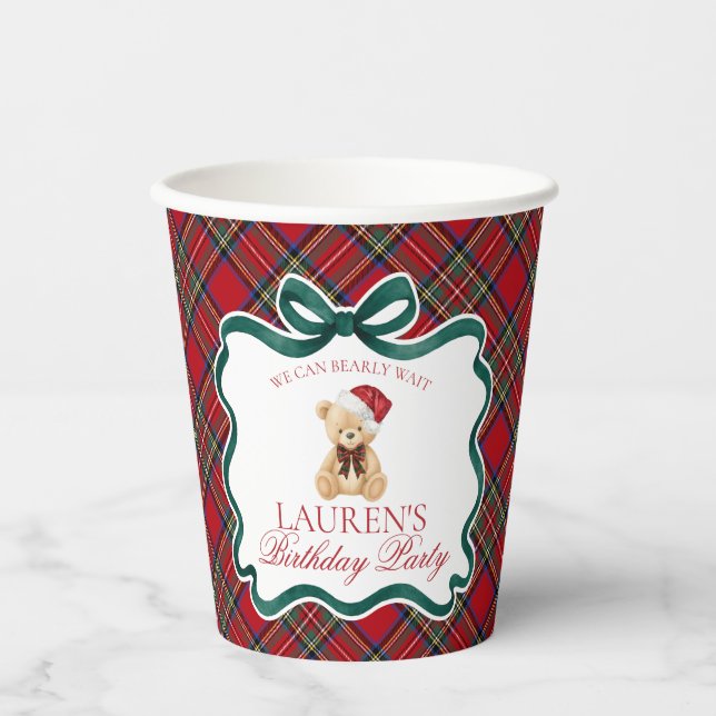 Vasos De Papel Red Tartan Plaid Christmas Bear Birthday Party (Anverso)