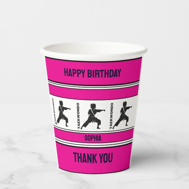 Vasos De Papel Regalo de cumpleaños de Taekwondo, jugador Chica d (Anverso)