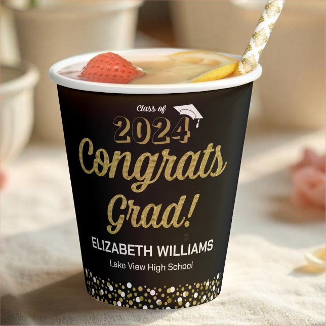 Vasos De Papel Relieve metalizado dorado Script Confetti Congrats (Subido por el creador)
