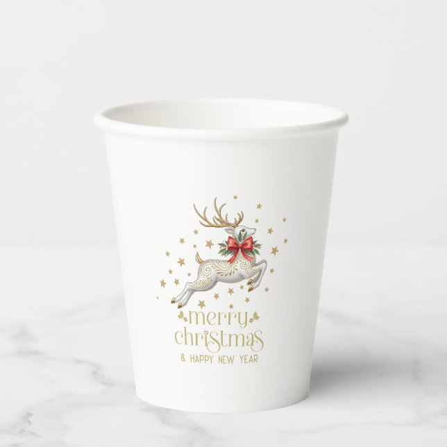 Vasos De Papel Reno de Navidad dorado y blanco (Anverso)