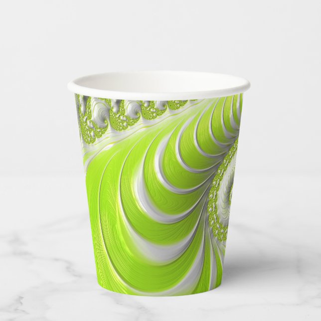 Vasos De Papel Resumen fractal de espiral verde limón moderno (Anverso)