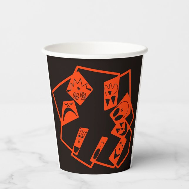 Vasos De Papel Resumen, rostros de calabaza en negro, Halloween (Reverso )