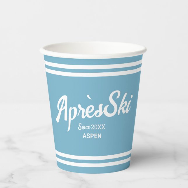 Vasos De Papel Retro Azul Después de Esquiar Fiesta Personalizada (Anverso)