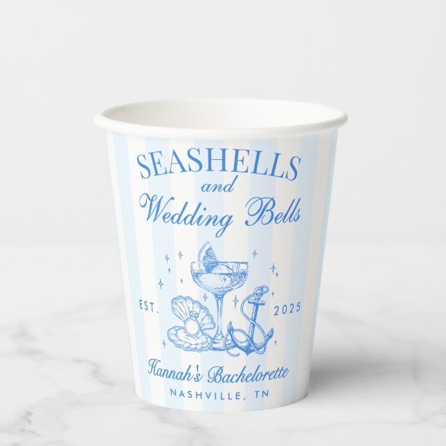 Vasos De Papel Retro Azules Conchas Marinas & Campanas de Boda De (Anverso)