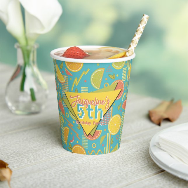 Vasos De Papel Retro Blue Summer Citrus Fruit Birthday (in situ)