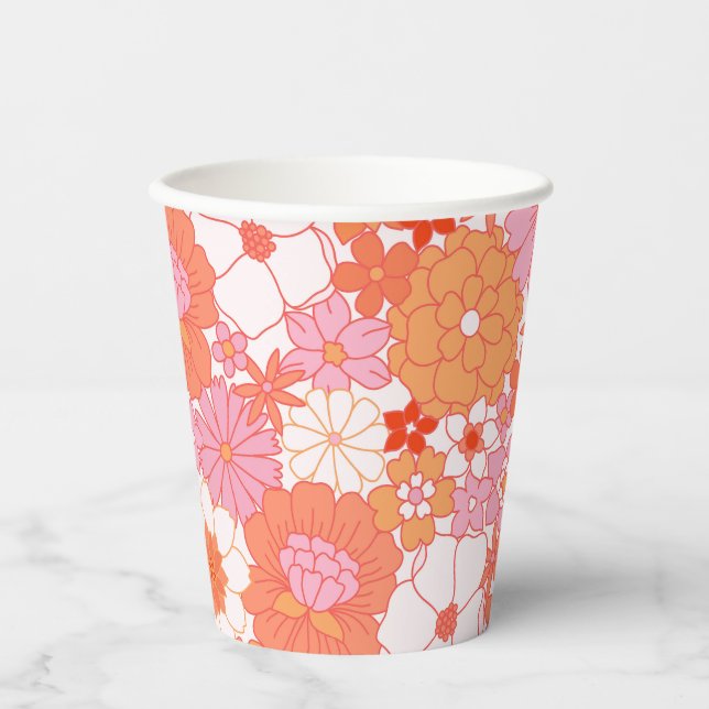 Vasos De Papel Retro Boho Rosa Naranja Floral Flores Lindas (Anverso)