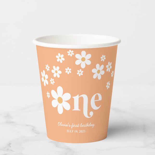 Vasos De Papel Retro daisy boho 1er cumpleaños (Anverso)