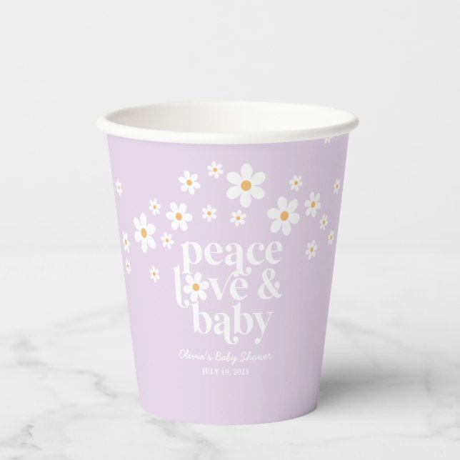 Vasos De Papel Retro Daisy lavanda Fiesta de Bebé Amor y Paz (Anverso)