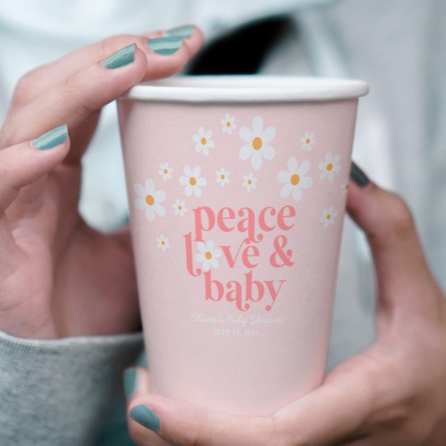 Vasos De Papel Retro Daisy Pink Peace Love Baby Shower (Subido por el creador)