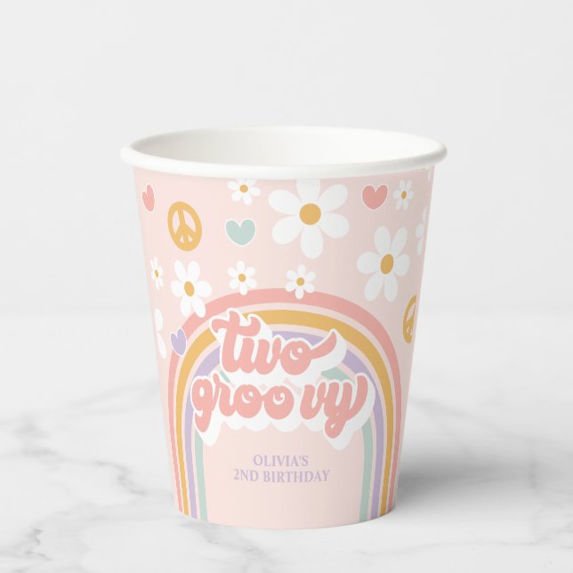 Vasos De Papel Retro Dos Groovy Arcoiris 2º cumpleaños (Anverso)