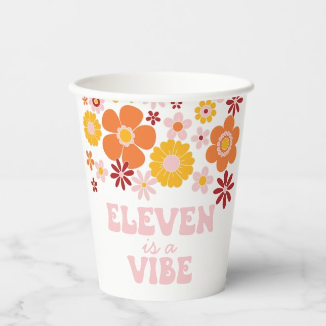 Vasos De Papel Retro Floral Eleven es un Vibe 11º cumpleaños (Anverso)