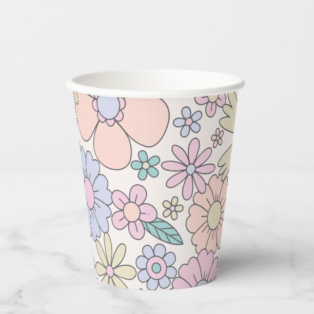 Vasos De Papel Retro Floral groovía Papel de cumpleaños (Anverso)