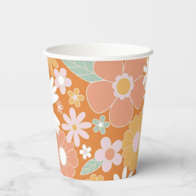Vasos De Papel Retro Floral groovía Papel de cumpleaños (Reverso )