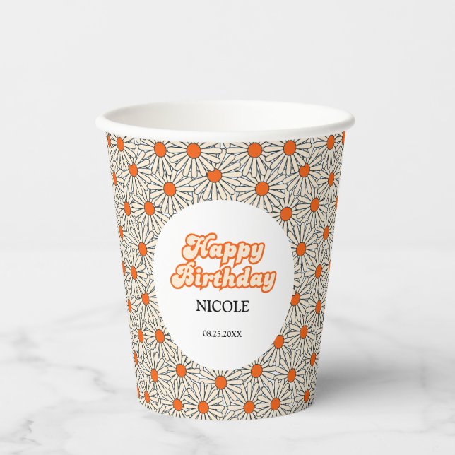 Vasos De Papel Retro Groovy Arch Naranja brillante Daisy Cumpleañ (Anverso)