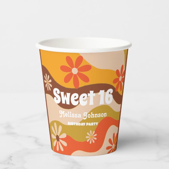 Vasos De Papel Retro Groovy Hippie Flower Sweet 16 (Anverso)