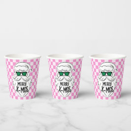 Vasos De Papel Retro Groovy Pink Checkered Santa Claus Christmas