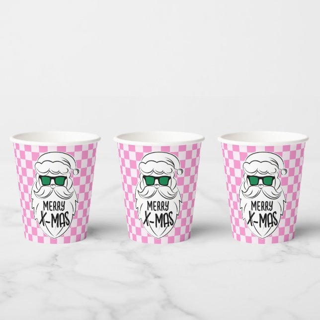 Vasos De Papel Retro Groovy Pink Checkered Santa Claus Christmas  (Multi)
