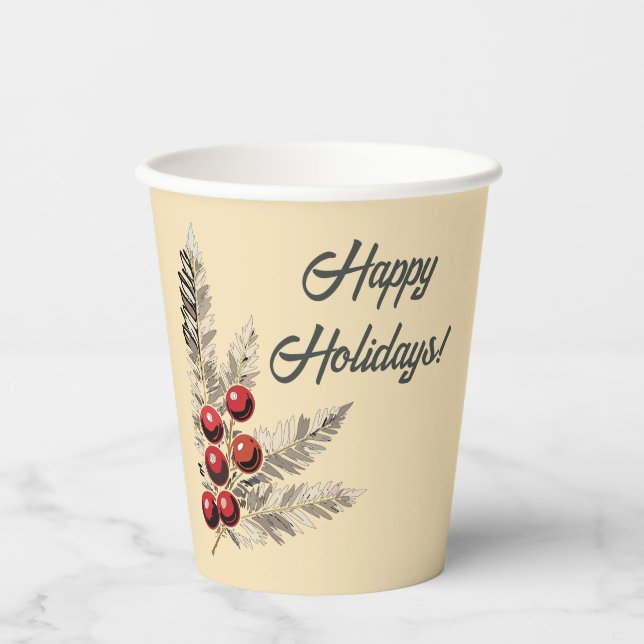 Vasos De Papel Retro Holly Berries y Evergreen (Anverso)