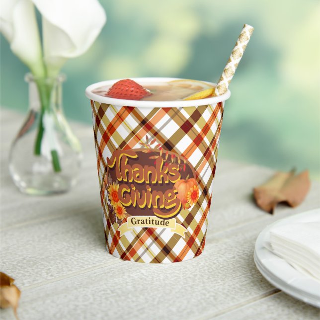 Vasos De Papel Retro Plaid de Acción de Gracias (in situ)