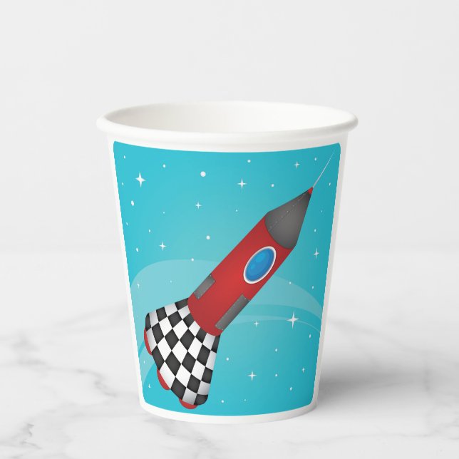 Vasos De Papel Retro Red Rocket Ship in Space Galactic (Anverso)