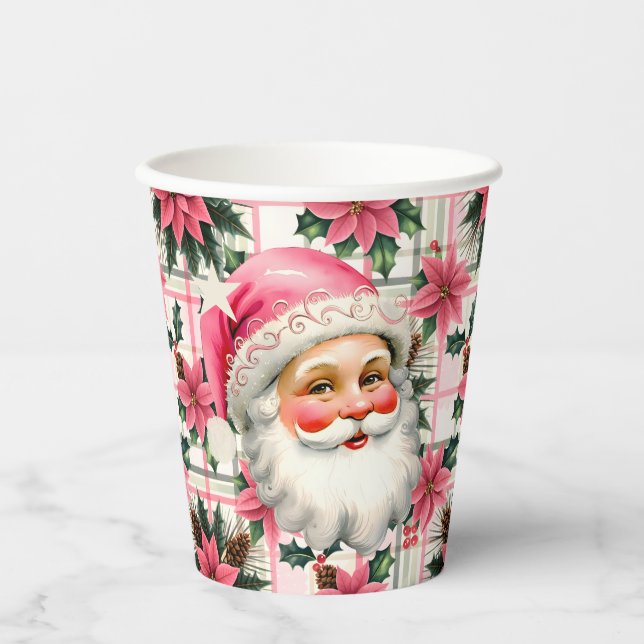 Vasos De Papel Retro Rosa Santa Claus Navidades Floral Plaid (Anverso)