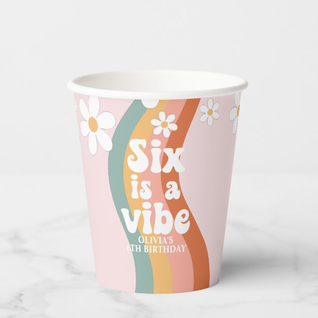 Vasos De Papel Retro Six es un Cumpleaños 6 de Daisy Arcoíris Vib (Anverso)