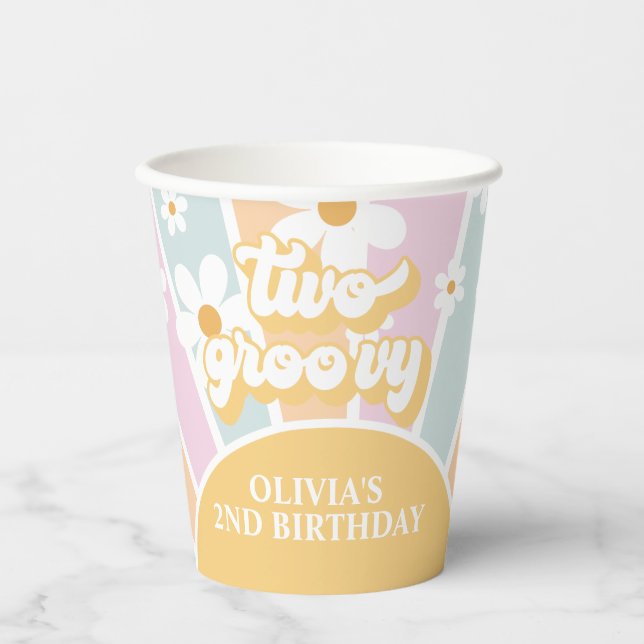 Vasos De Papel Retro Sunshine Dos Groovy cumpleaños pastel Daisy (Anverso)