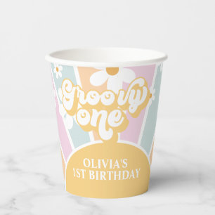Vasos De Papel Retro Sunshine Groovy Cumpleaños Uno pastel Daisy 