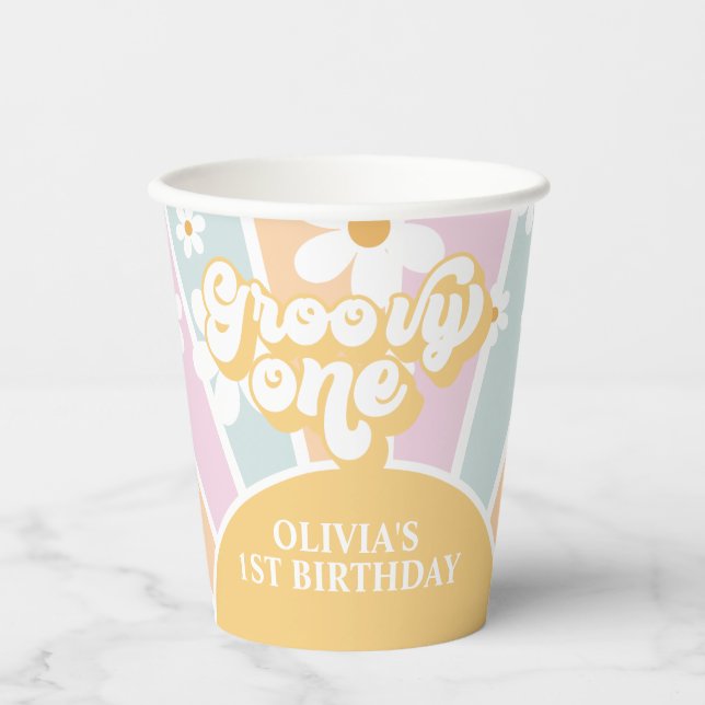 Vasos De Papel Retro Sunshine Groovy Cumpleaños Uno pastel Daisy  (Anverso)