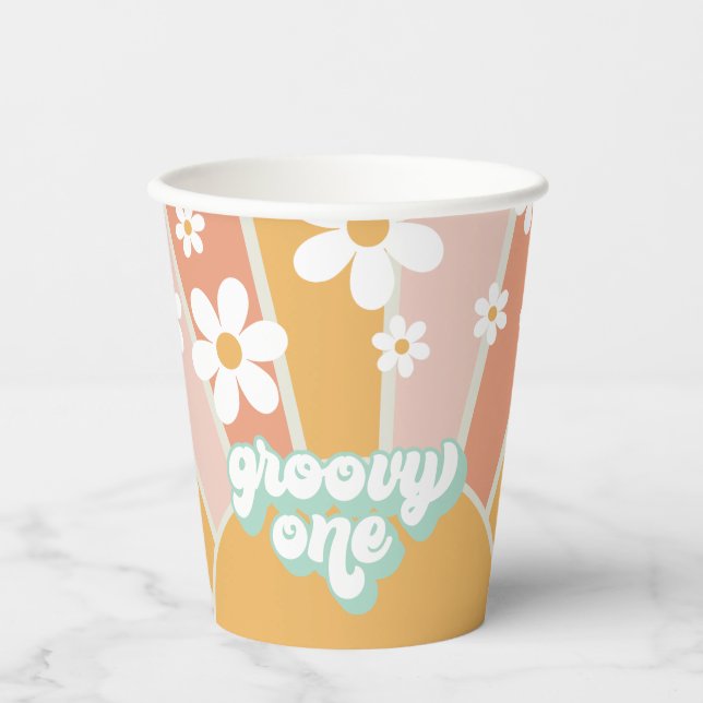 Vasos De Papel Retro Sunshine Groovy One Daisy Birthday Paper Cup (Anverso)