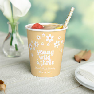 Vasos De Papel Retro Young Wild 3 Daisy floral 3º cumpleaños
