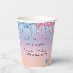 Vasos De Papel Revelación de género brillo glam gotas rosa azul