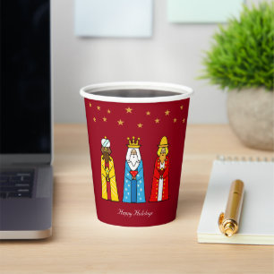 Vasos De Papel Reyes Magos de Navidad y estrellas doradas sobre r