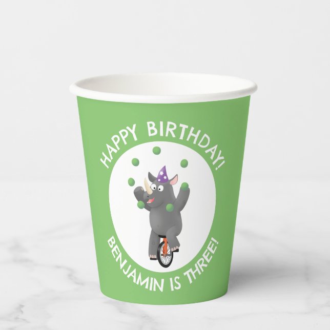 Vasos De Papel Rinoceronte gracioso en unicycle en cumpleaños per (Anverso)