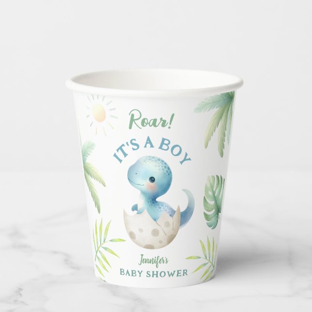 Vasos De Papel Roar, es un joven chino de dinosaurio Baby Shower (Anverso)