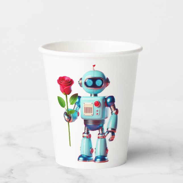 Vasos De Papel Robot con Rosa (Anverso)