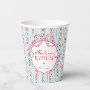 Vasos De Papel Rojo y Azul Vintage Floral Elegante Bautizo