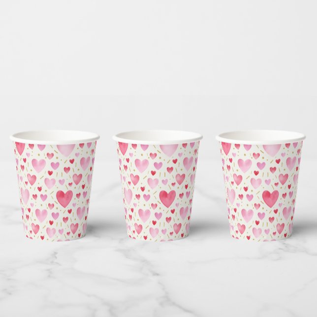 Vasos De Papel Romantic Pink Watercolor Hearts & Golden Sprinkles (Multi)