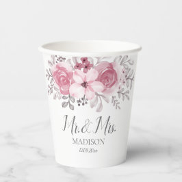Vasos De Papel Romántica acuarela Pink Florals Sr. y Sra. Boda