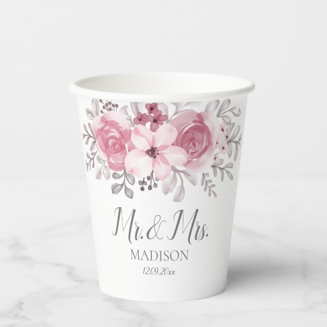 Vasos De Papel Romántica acuarela Pink Florals Sr. y Sra. Boda (Anverso)