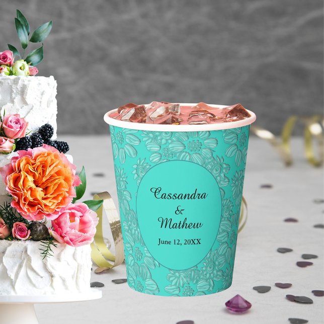 Vasos De Papel Romántico Daisies Floral Elegancia Turquesa Boda (Romantic Daisies Floral Elegance Turquoise Wedding Paper Cups)